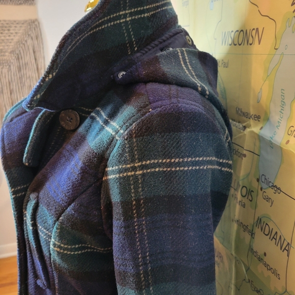 American Eagle Plaid Double-Breasted Women's Wool Coat Size M Blue & Green - Picture 5 of 16